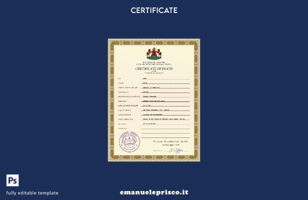 modello PSD del certificato di morte dei documenti di stato civile del Lesotho i